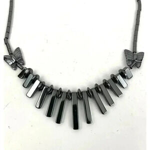 Gray Butterfly Beaded Hematite Stone Graduated Fan Sticks Collar Necklace 16"